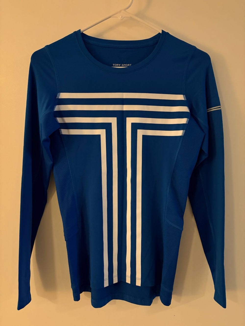 Tory Burch Tory Sport Blue Long Sleeve Athletic Top with White Stripe Detail